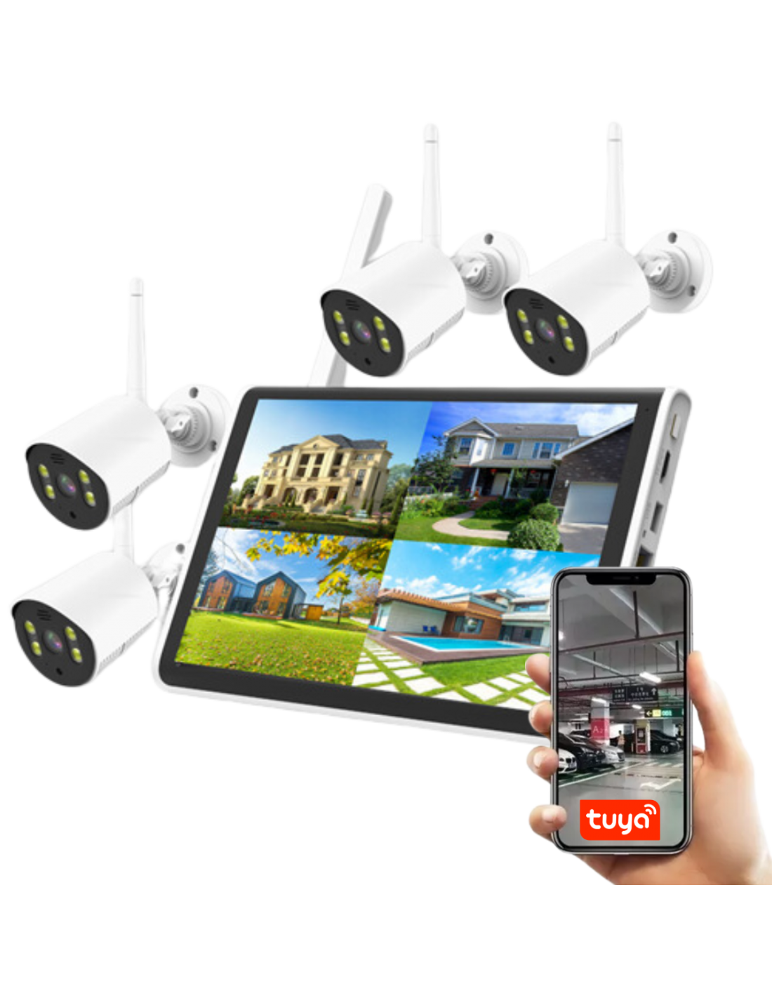 Kit 4 Camaras Wifi 2mpx Apta Exterior Ir20m Con Monitor 10